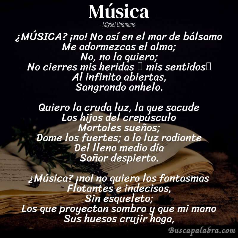Poema Música de Miguel Unamuno con fondo de libro