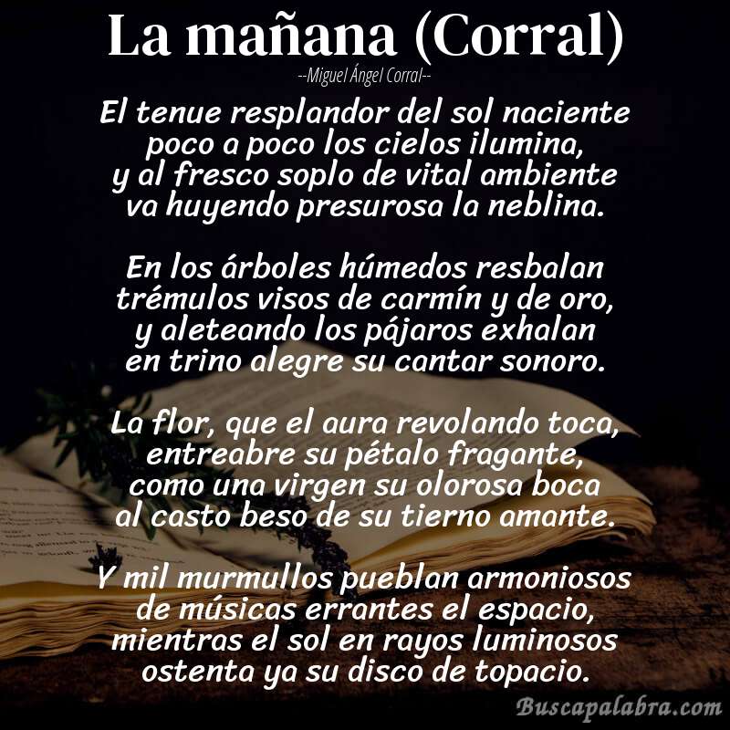 Poema La mañana (Corral) de Miguel Ángel Corral con fondo de libro