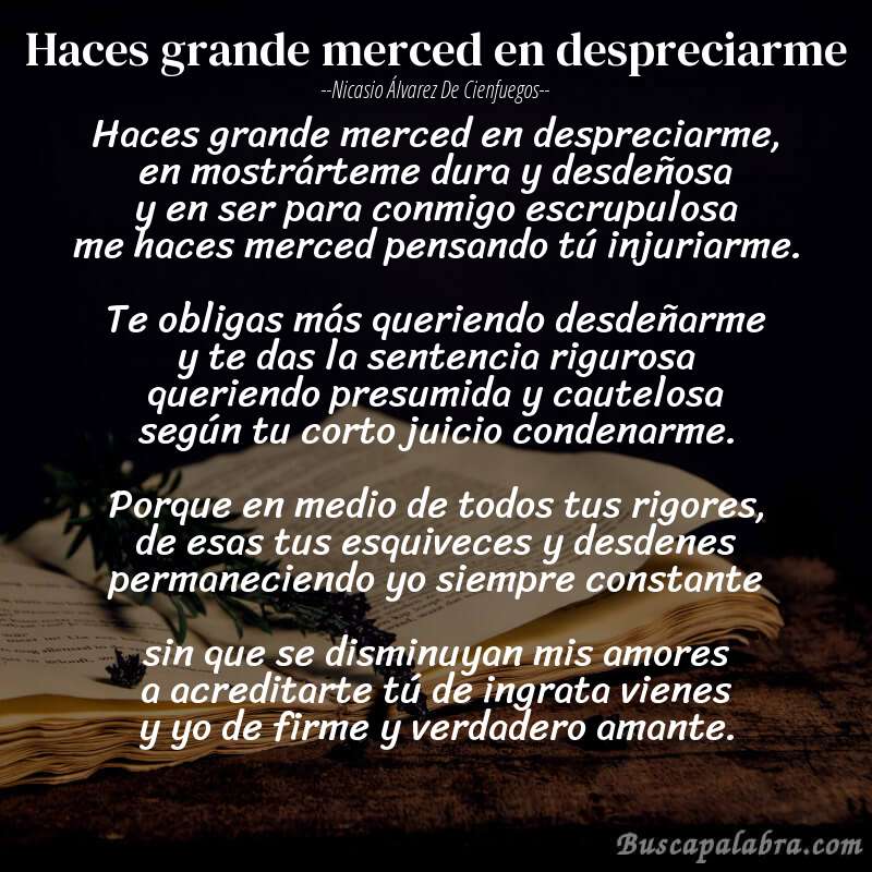 Poema Haces grande merced en despreciarme de Nicasio Álvarez de Cienfuegos con fondo de libro