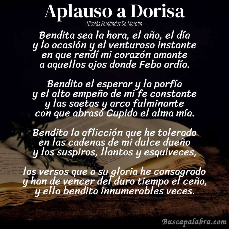 Poema Aplauso a Dorisa de Nicolás Fernández de Moratín con fondo de libro