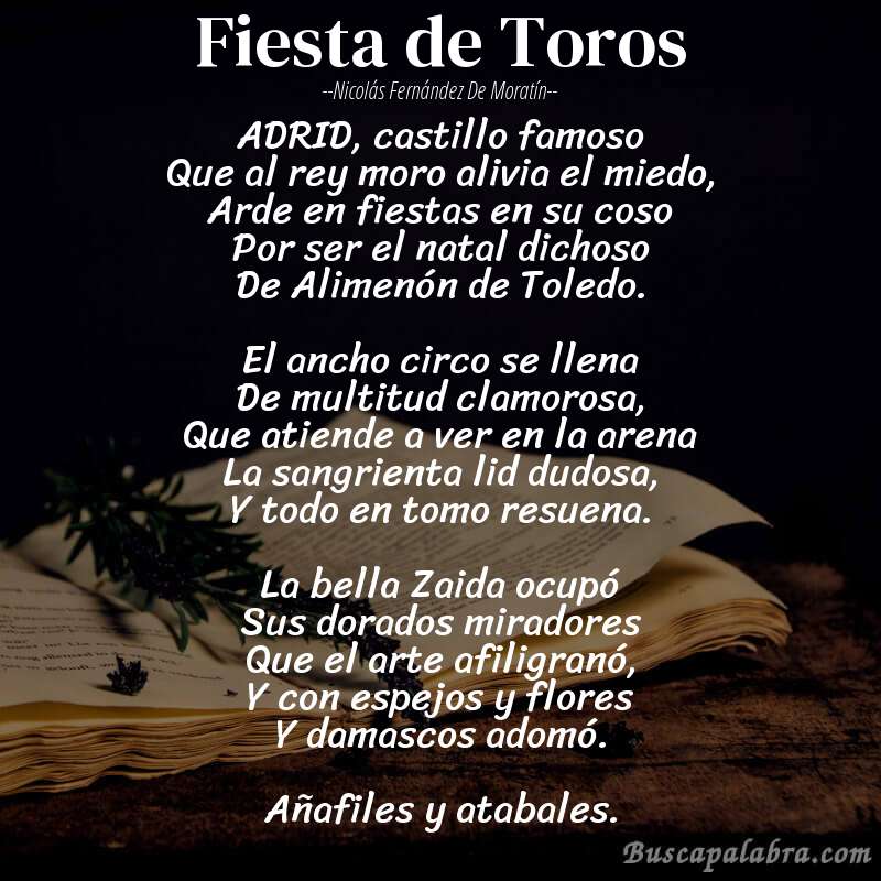 Poema Fiesta de Toros de Nicolás Fernández de Moratín con fondo de libro