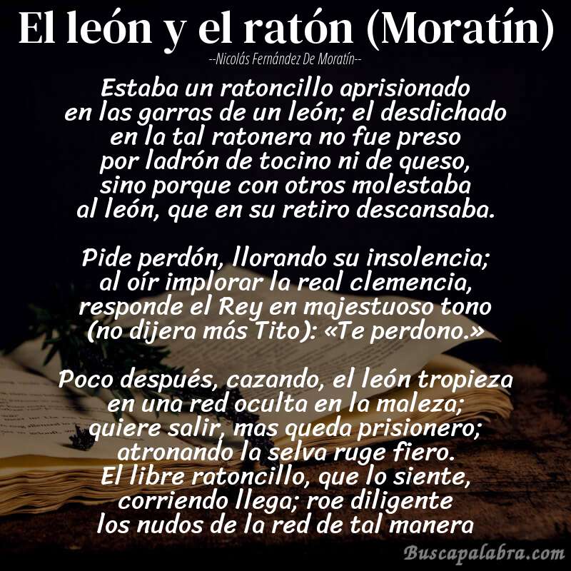 Poema El león y el ratón (Moratín) de Nicolás Fernández de Moratín con fondo de libro