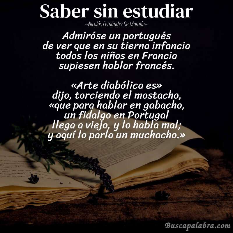Poema Saber sin estudiar de Nicolás Fernández de Moratín con fondo de libro