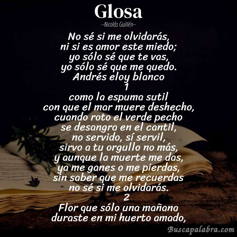 Poema glosa de Nicolás Guillén con fondo de libro
