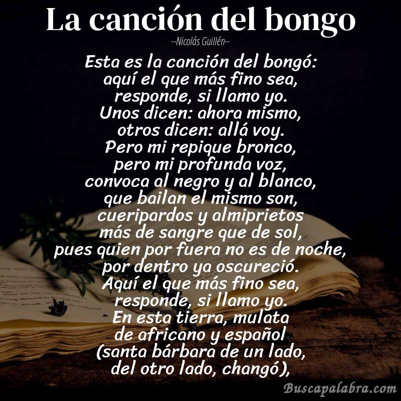 Poema la canción del bongo de Nicolás Guillén con fondo de libro