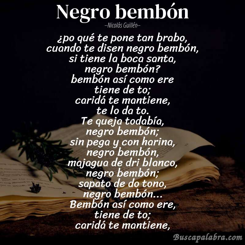 Poema negro bembón de Nicolás Guillén con fondo de libro