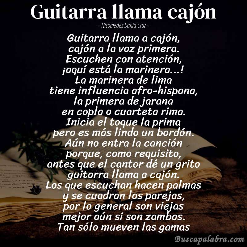 Poema guitarra llama cajón de Nicomedes Santa Cruz con fondo de libro