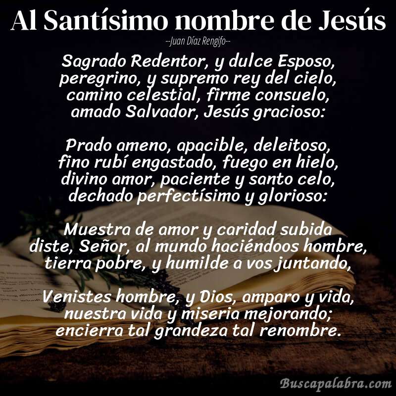 Poema Al Santísimo nombre de Jesús de Juan Díaz Rengifo con fondo de libro