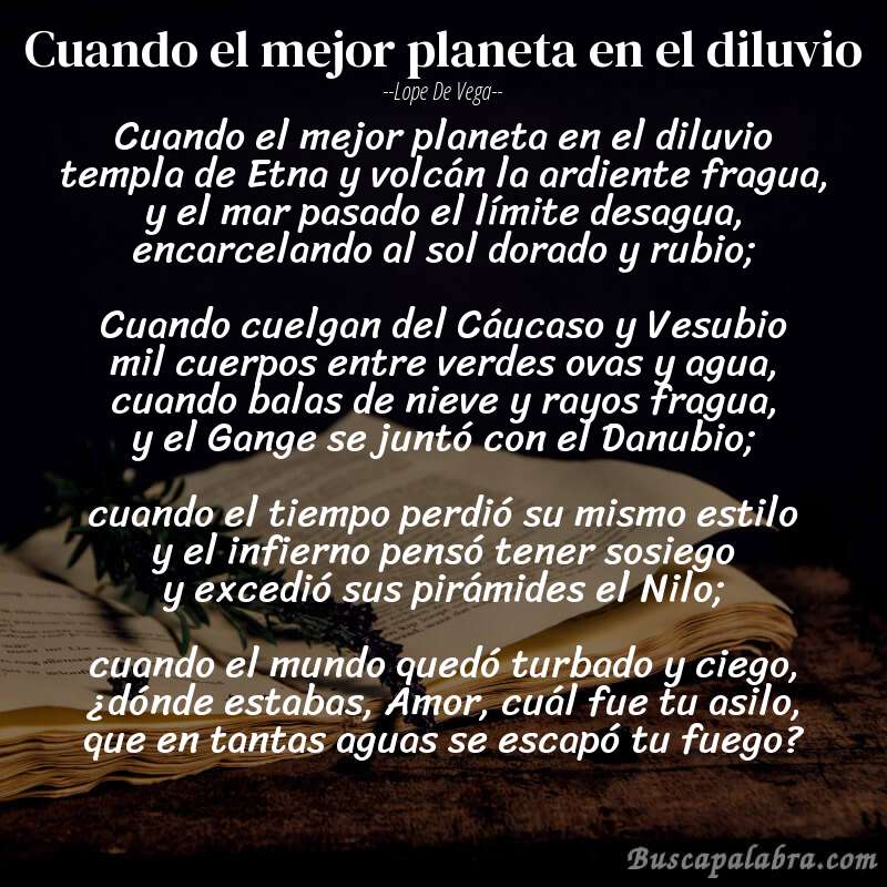 Poema Cuando el mejor planeta en el diluvio de Lope de Vega con fondo de libro