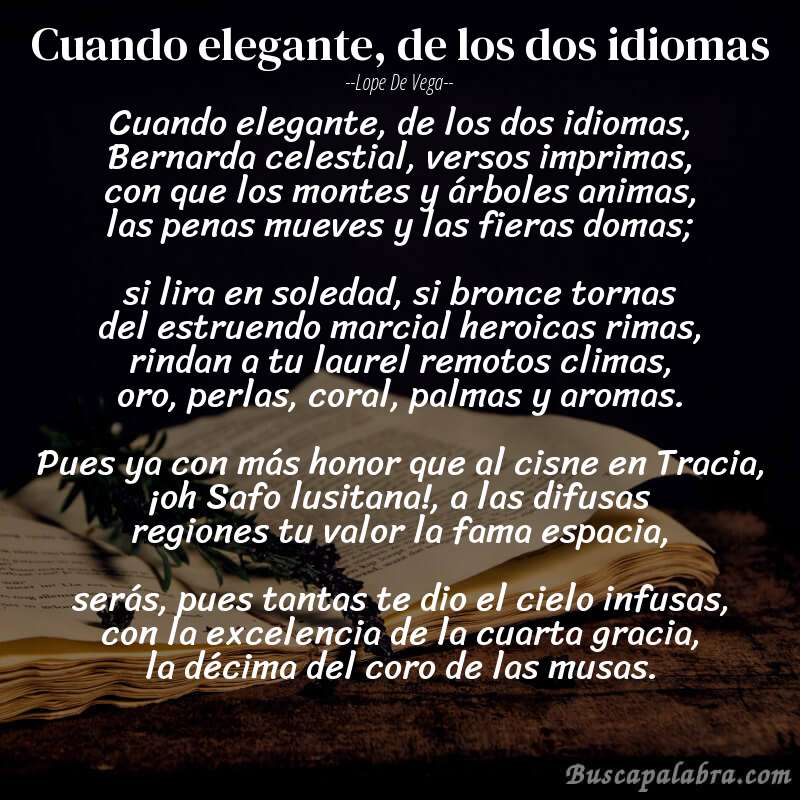 Poema Cuando elegante, de los dos idiomas de Lope de Vega con fondo de libro