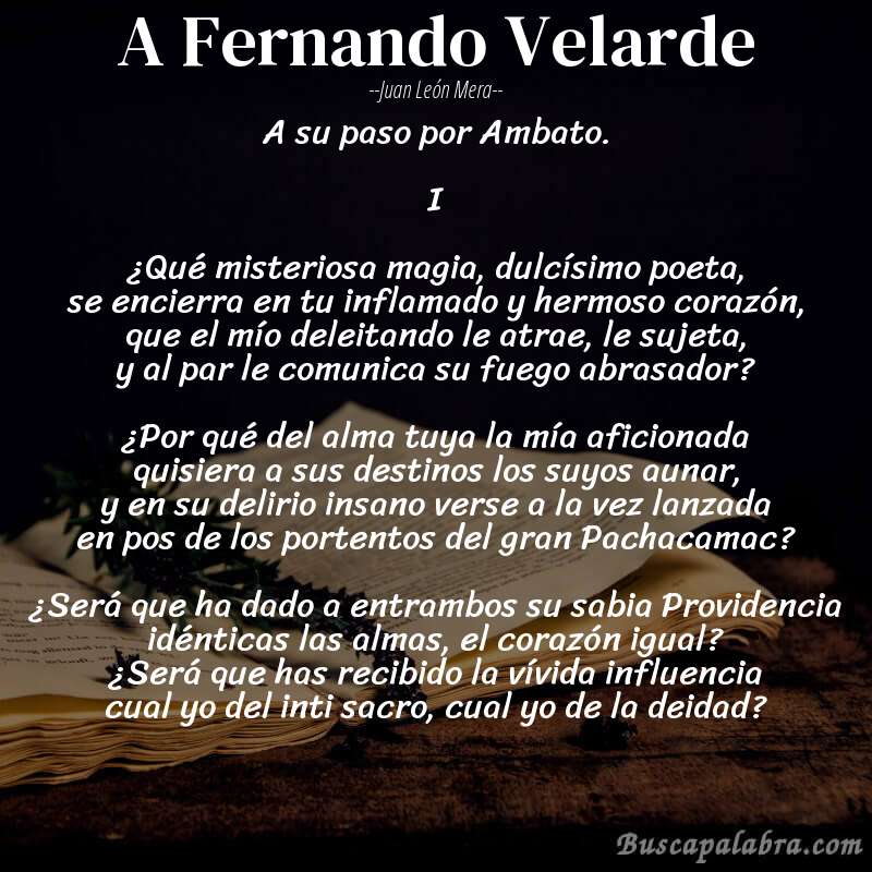 Poema A Fernando Velarde de Juan León Mera con fondo de libro
