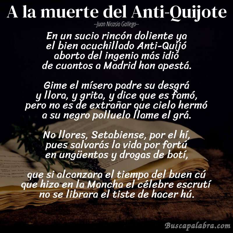 Poema A la muerte del Anti-Quijote de Juan Nicasio Gallego con fondo de libro
