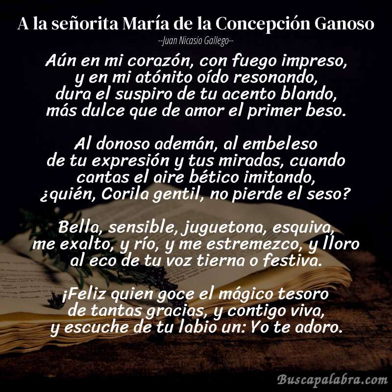 Poema A la señorita María de la Concepción Ganoso de Juan Nicasio Gallego con fondo de libro
