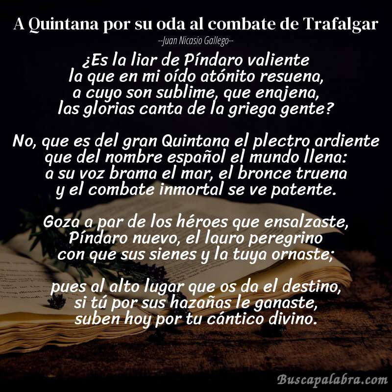 Poema A Quintana por su oda al combate de Trafalgar de Juan Nicasio Gallego con fondo de libro