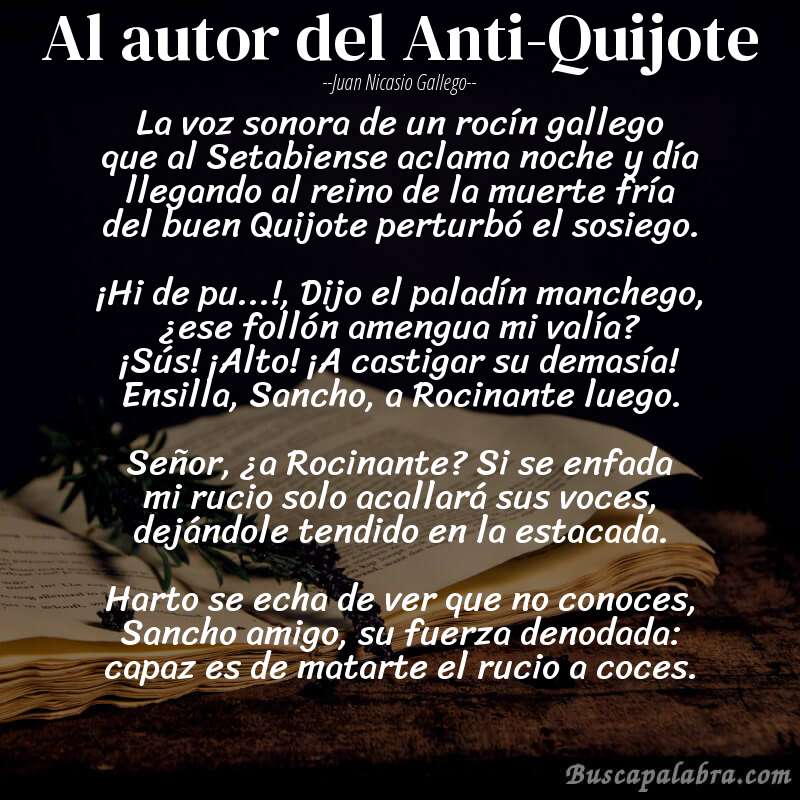Poema Al autor del Anti-Quijote de Juan Nicasio Gallego con fondo de libro