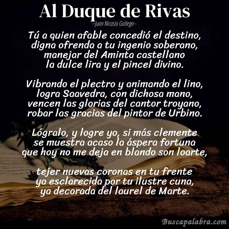 Poema Al Duque de Rivas de Juan Nicasio Gallego con fondo de libro