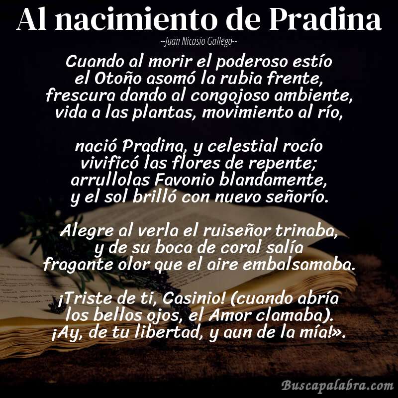 Poema Al nacimiento de Pradina de Juan Nicasio Gallego con fondo de libro