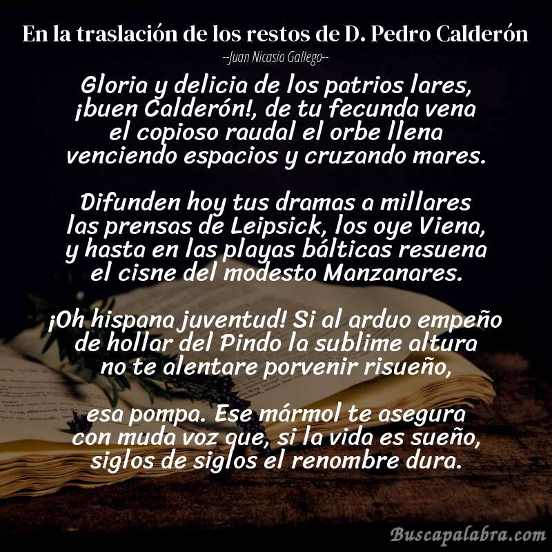 Poema En la traslación de los restos de D. Pedro Calderón de Juan Nicasio Gallego con fondo de libro