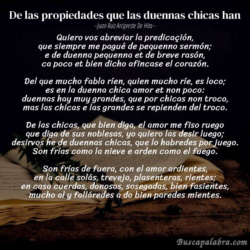 Poema De las propiedades que las duennas chicas han de Juan Ruiz Arcipreste de Hita con fondo de libro
