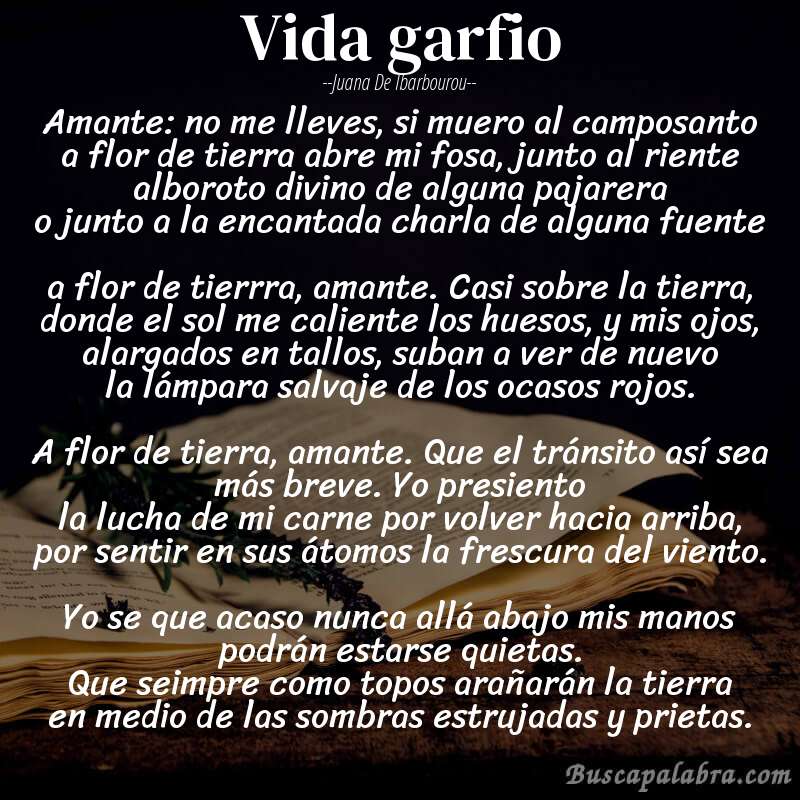 Poema vida garfio de Juana de Ibarbourou con fondo de libro