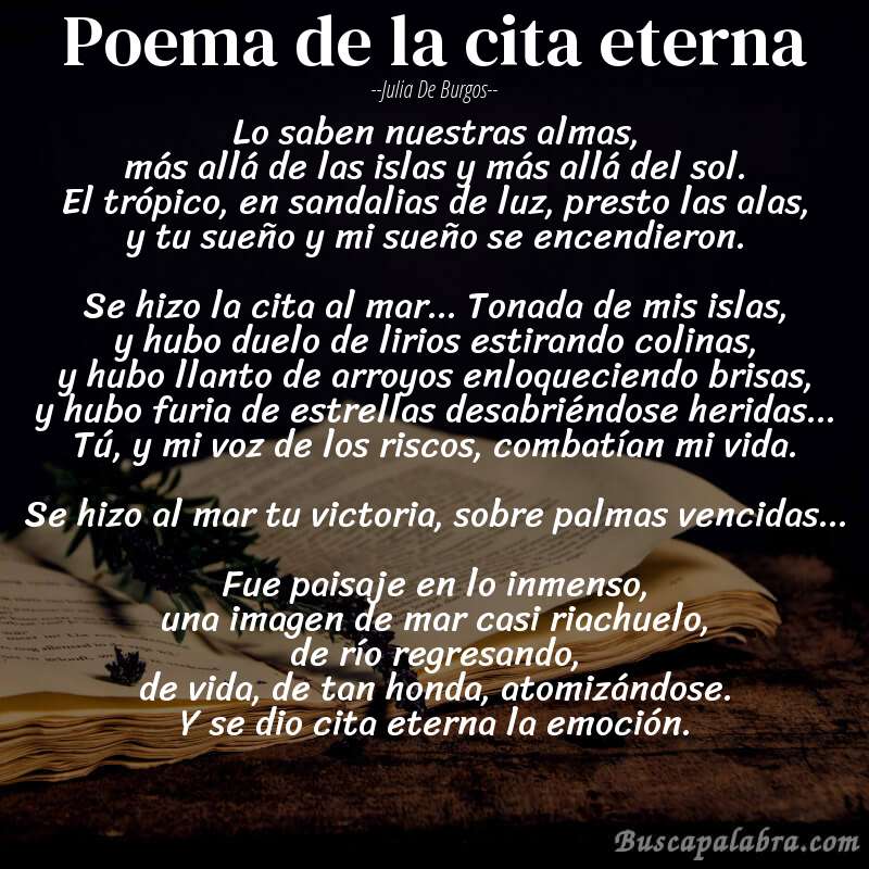 Poema poema de la cita eterna de Julia de Burgos con fondo de libro