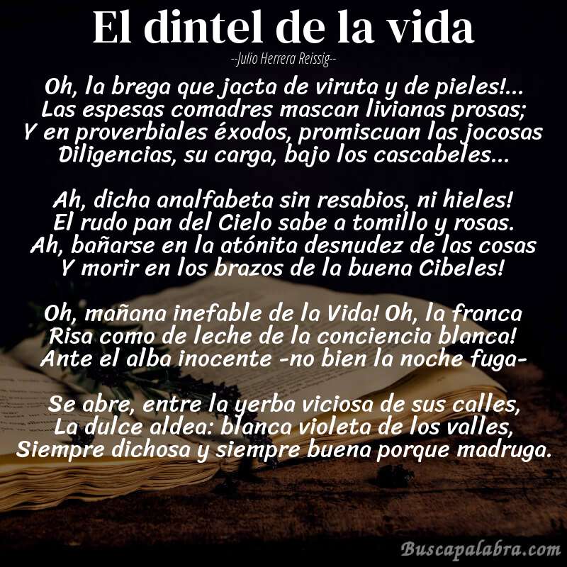 Poema El dintel de la vida de Julio Herrera Reissig con fondo de libro
