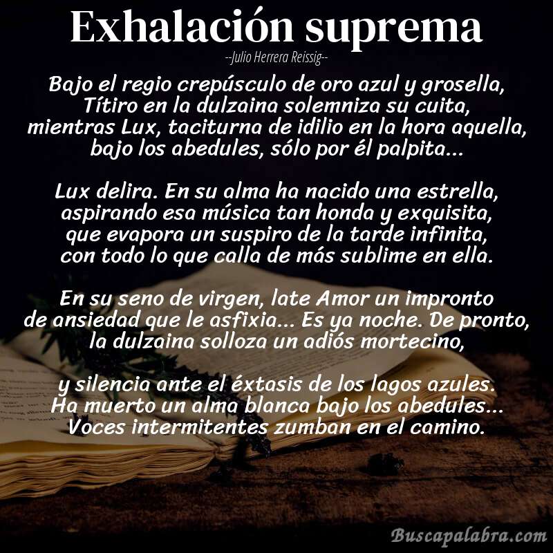 Poema Exhalación suprema de Julio Herrera Reissig con fondo de libro