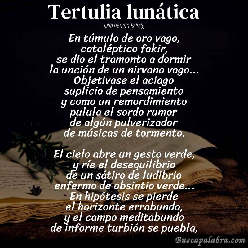 Poema Tertulia lunática de Julio Herrera Reissig con fondo de libro