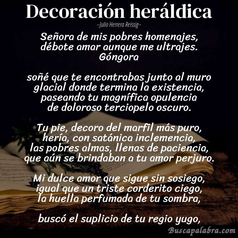 Poema decoración heráldica de Julio Herrera Reissig con fondo de libro