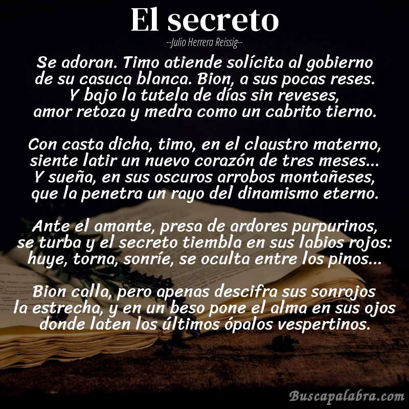 Poema el secreto de Julio Herrera Reissig con fondo de libro