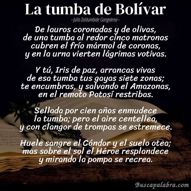 Poema La tumba de Bolívar de Julio Zaldumbide Gangotena con fondo de libro