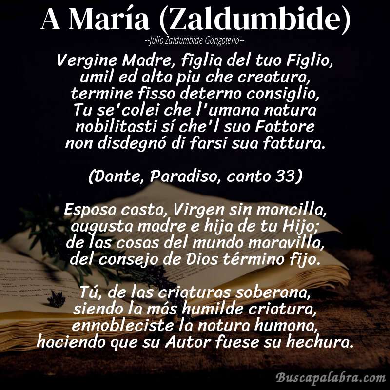 Poema A María (Zaldumbide) de Julio Zaldumbide Gangotena con fondo de libro