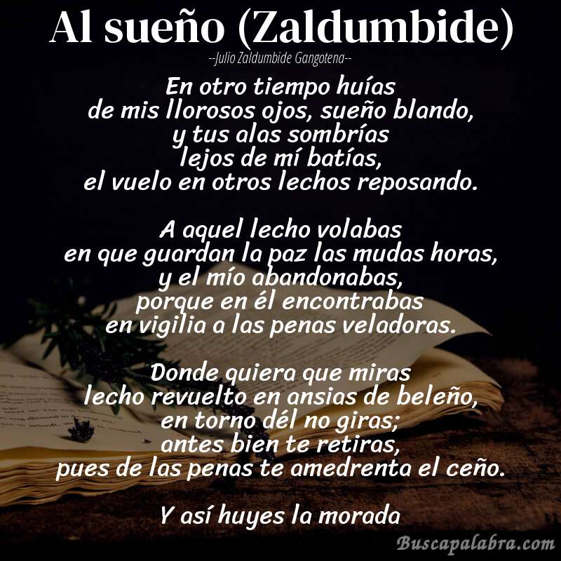 Poema Al sueño (Zaldumbide) de Julio Zaldumbide Gangotena con fondo de libro