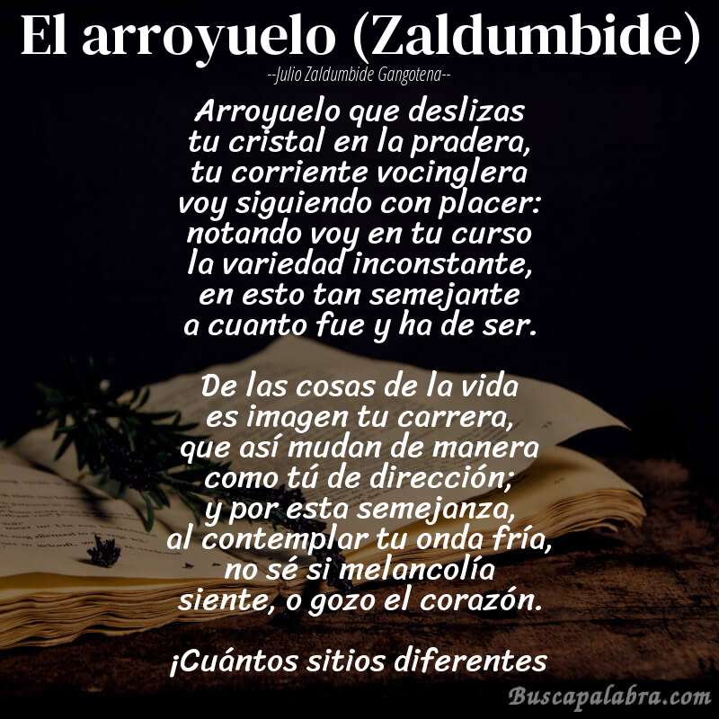 Poema El arroyuelo (Zaldumbide) de Julio Zaldumbide Gangotena con fondo de libro