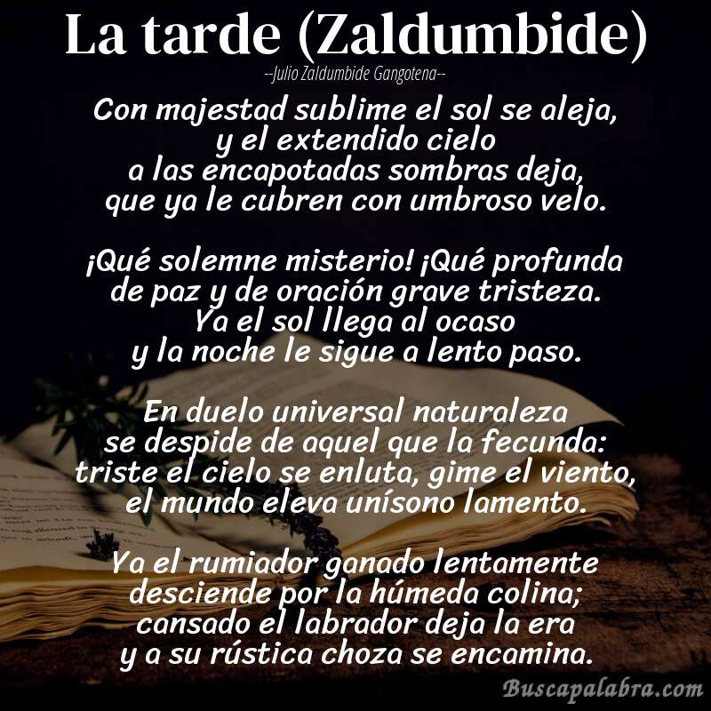 Poema La tarde (Zaldumbide) de Julio Zaldumbide Gangotena con fondo de libro