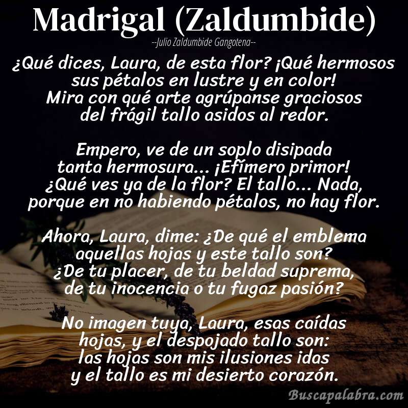 Poema Madrigal (Zaldumbide) de Julio Zaldumbide Gangotena con fondo de libro