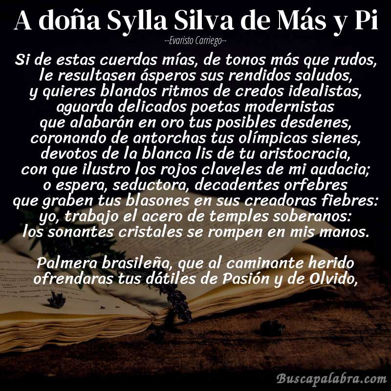Poema A doña Sylla Silva de Más y Pi de Evaristo Carriego con fondo de libro