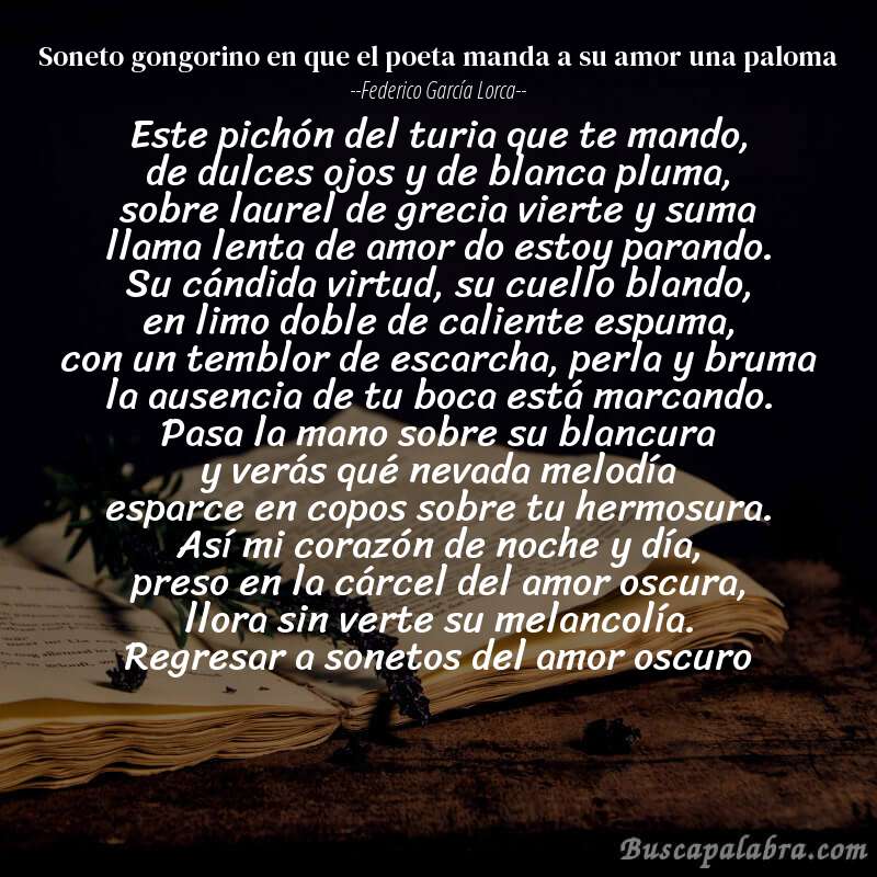 Poema soneto gongorino en que el poeta manda a su amor una paloma de Federico García Lorca con fondo de libro
