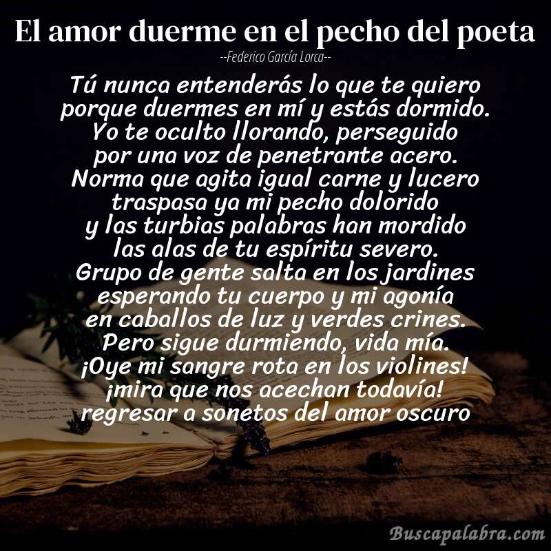 Poema el amor duerme en el pecho del poeta de Federico García Lorca con fondo de libro