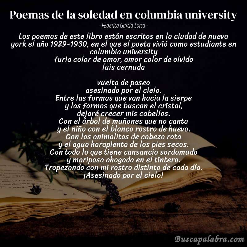 Poema poemas de la soledad en columbia university de Federico García Lorca con fondo de libro