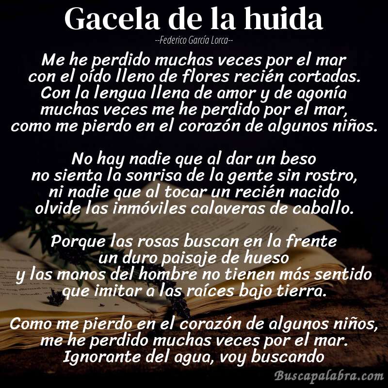 Poema Gacela de la huida de Federico García Lorca con fondo de libro