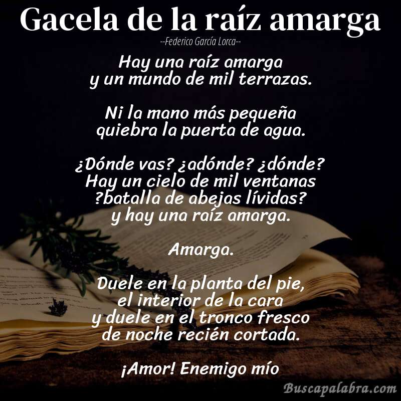Poema Gacela de la raíz amarga de Federico García Lorca con fondo de libro