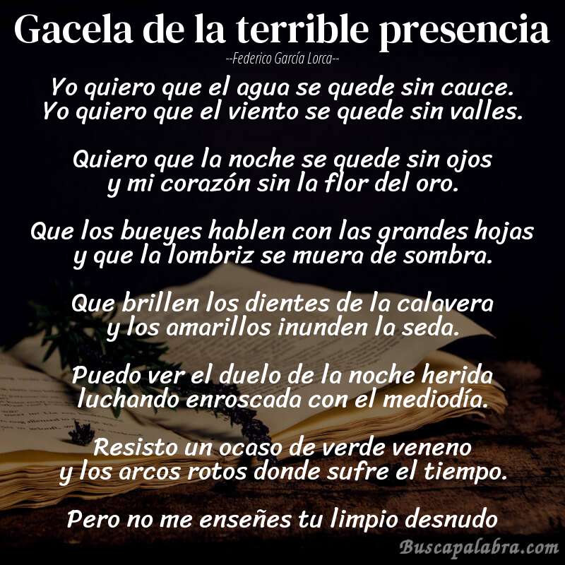 Poema Gacela de la terrible presencia de Federico García Lorca con fondo de libro