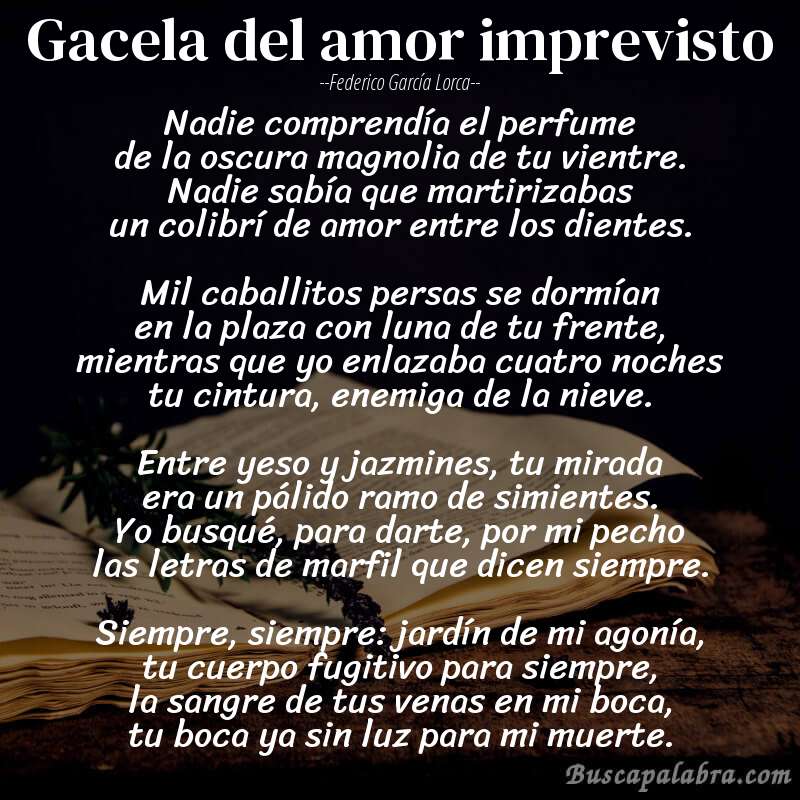 Poema Gacela del amor imprevisto de Federico García Lorca con fondo de libro
