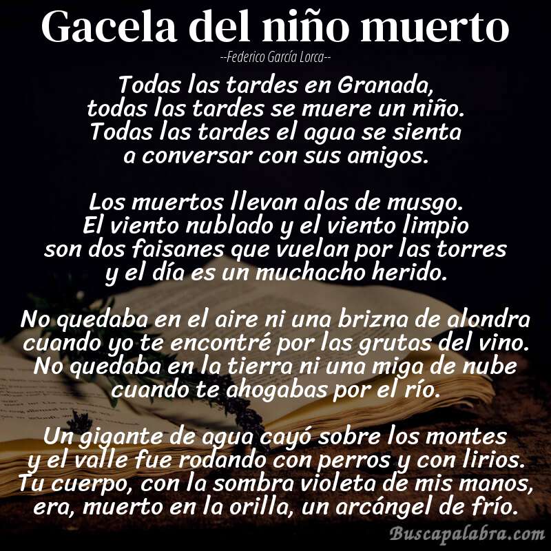 Poema Gacela del niño muerto de Federico García Lorca con fondo de libro