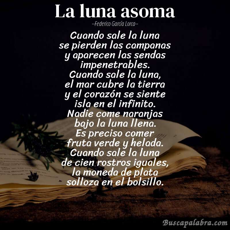Poema La luna asoma de Federico García Lorca con fondo de libro