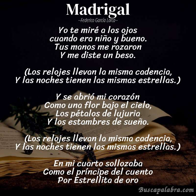 Poema Madrigal de Federico García Lorca con fondo de libro