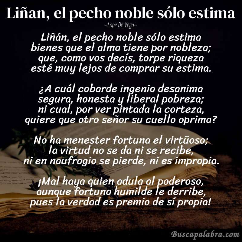 Poema Liñan, el pecho noble sólo estima de Lope de Vega con fondo de libro