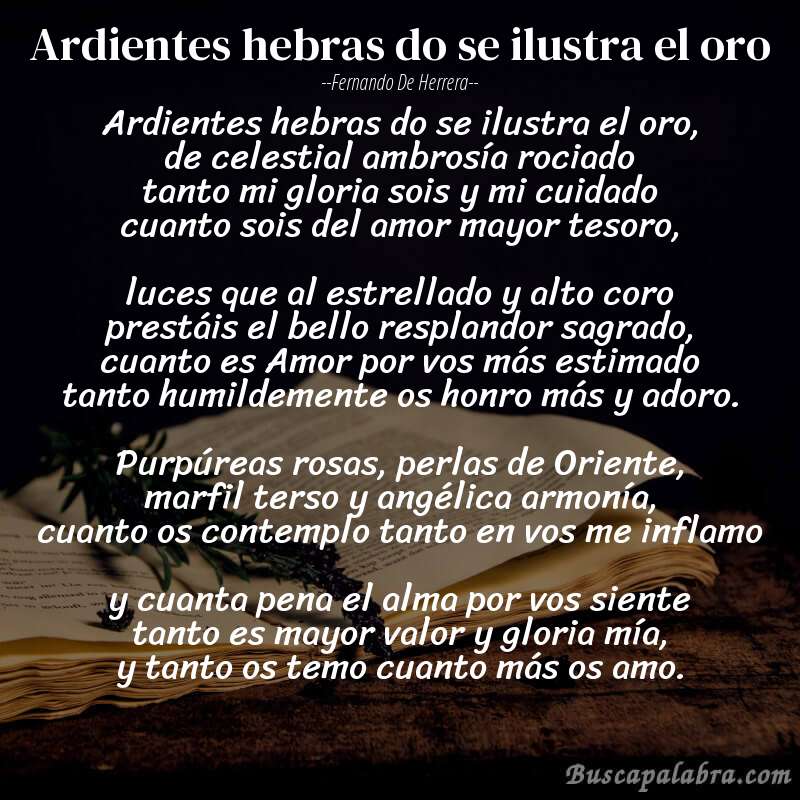 Poema Ardientes hebras do se ilustra el oro de Fernando de Herrera con fondo de libro