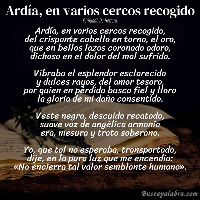 Poema Ardía, en varios cercos recogido de Fernando de Herrera con fondo de libro